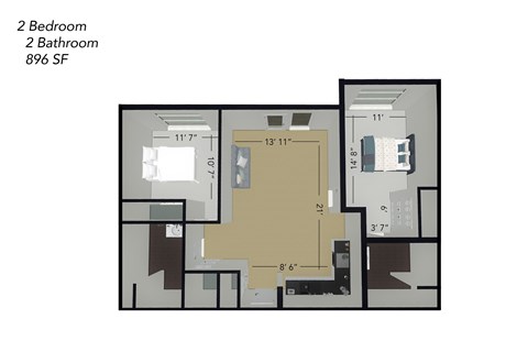 Floor plan for 2 beds, 2 baths, 896 sqft